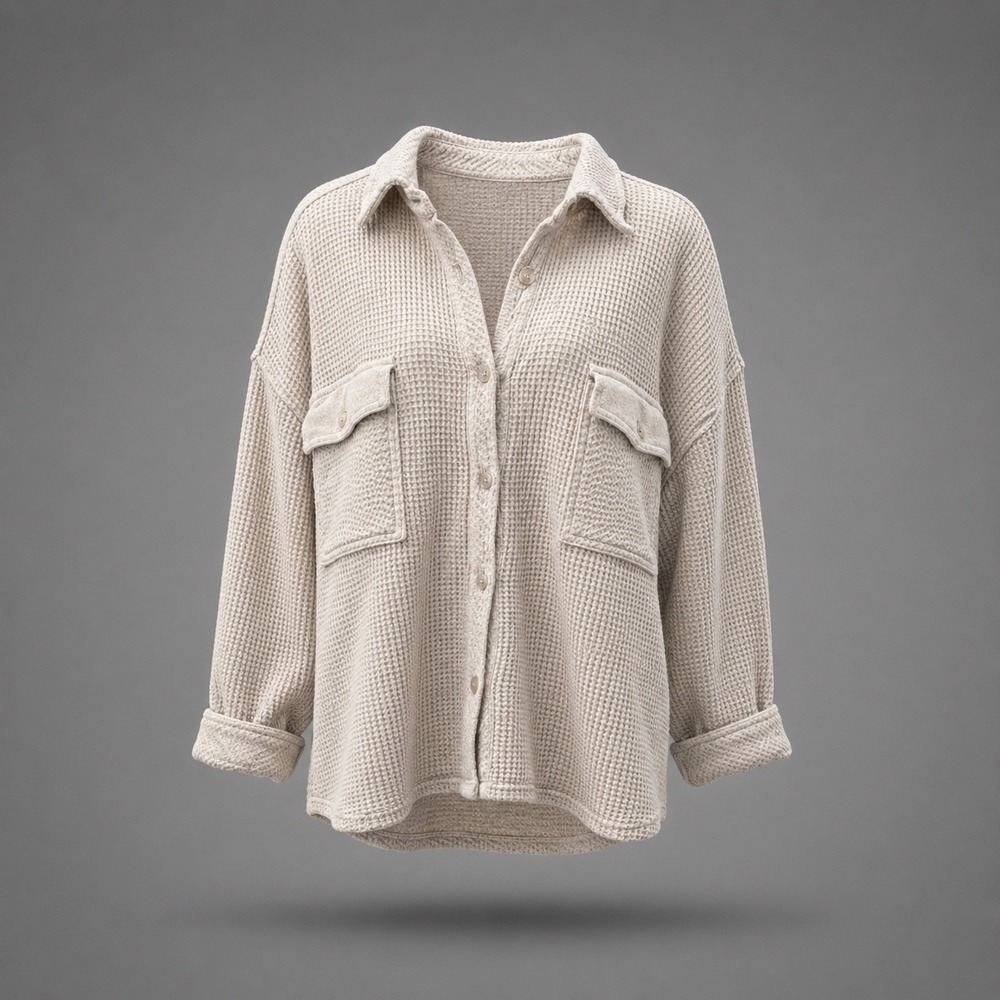 Aerie Oversized Waffle Knit Shacket XXL Beige Button Down Thermal Shirt Jacket